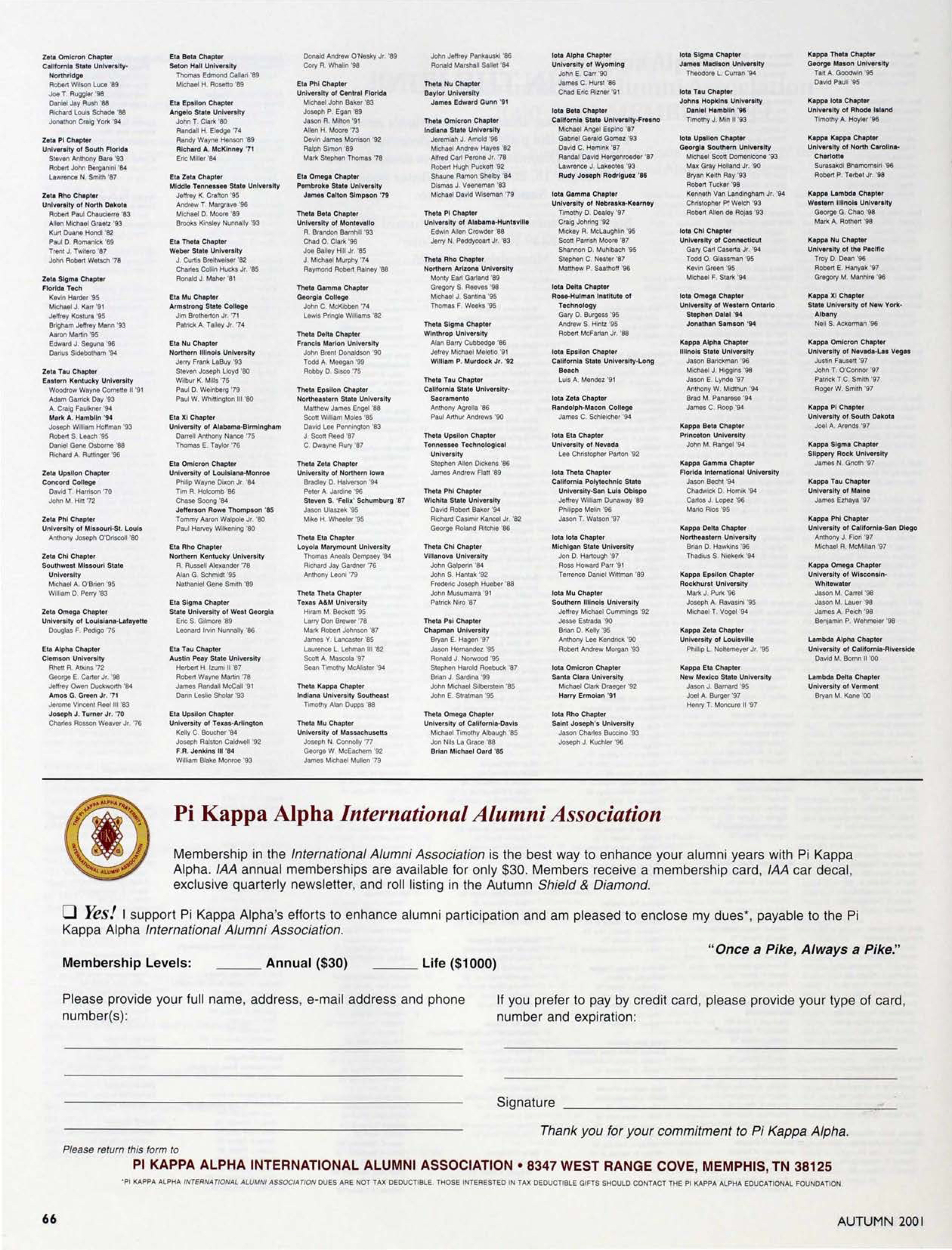 Pi Kappa Alpha International Alumni Association Form, Autumn 2001